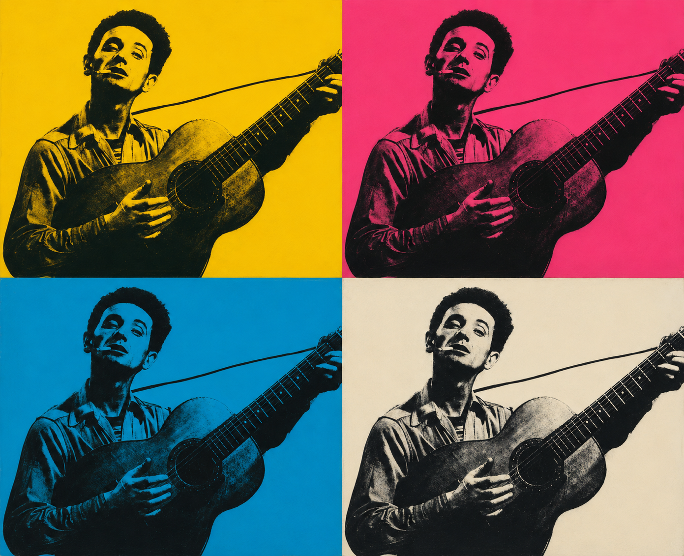 Woody Guthrie pop-art quad portrait playing acoustic guitar